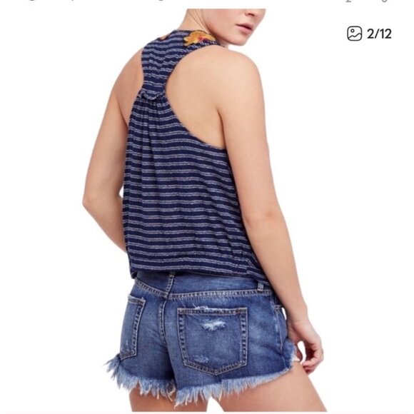 Free People Frida Embroidered Floral Striped Wrap Tank Top Navy L - Picture 7 of 9